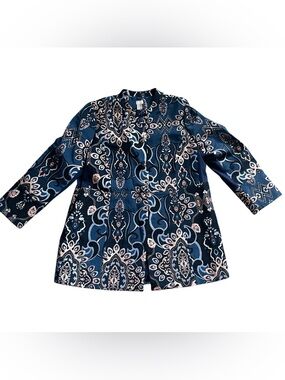 Chico's 3 Blue Black Gold Metallic Brocade Mandarin Collar Blazer Jacket 16 / 18